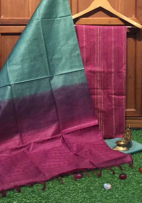 Elegant Katan Silk Suit Piece with Ghicha Strip Body – Handwoven Heritage in Every Thread